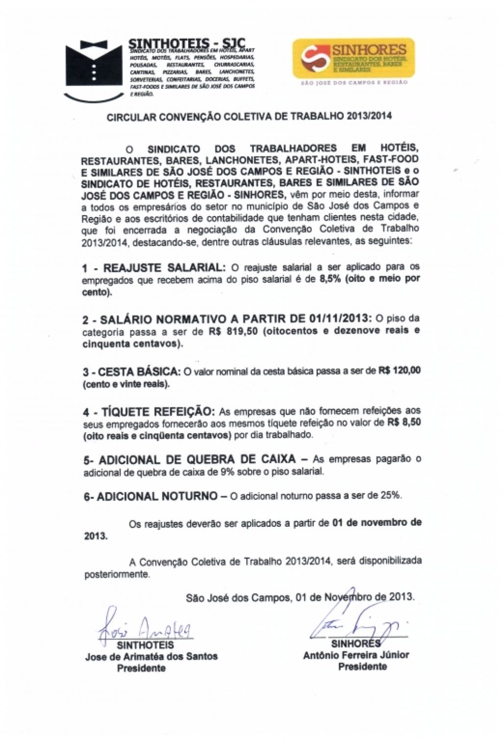 SINHORES divulga Circular da Convenção Coletiva de Trabalho 2013/2014