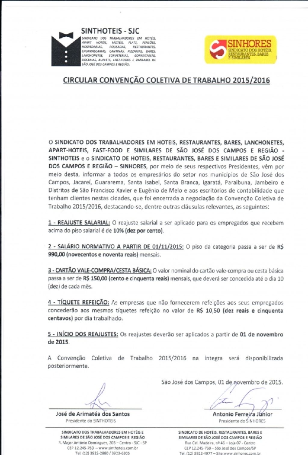 SINHORES divulga a Circular da CCT 2015/2016