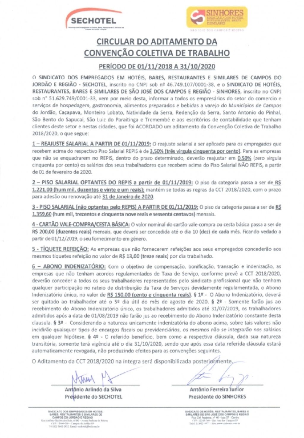 SINHORES assina a Circular de Aditamento com o SECHOTEL 2018/2020