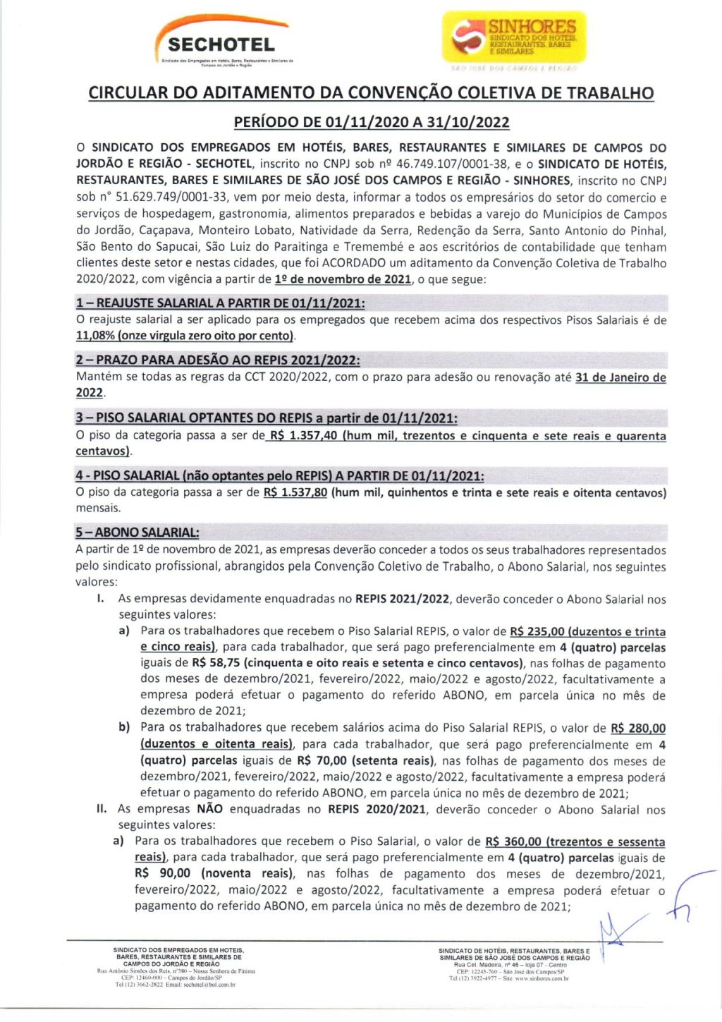 SINHORES assina Circular do Aditamento da Convenção Coletiva de Trabalho com o SECHOTEL