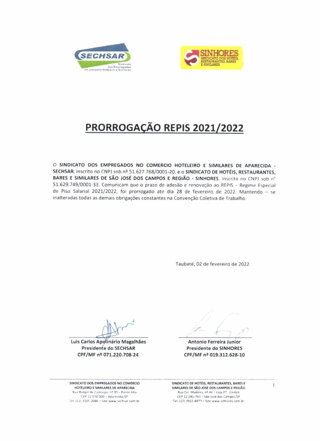 Prazo de adesão/renovação do REPIS da base Taubaté foi prorrogado para 28/02