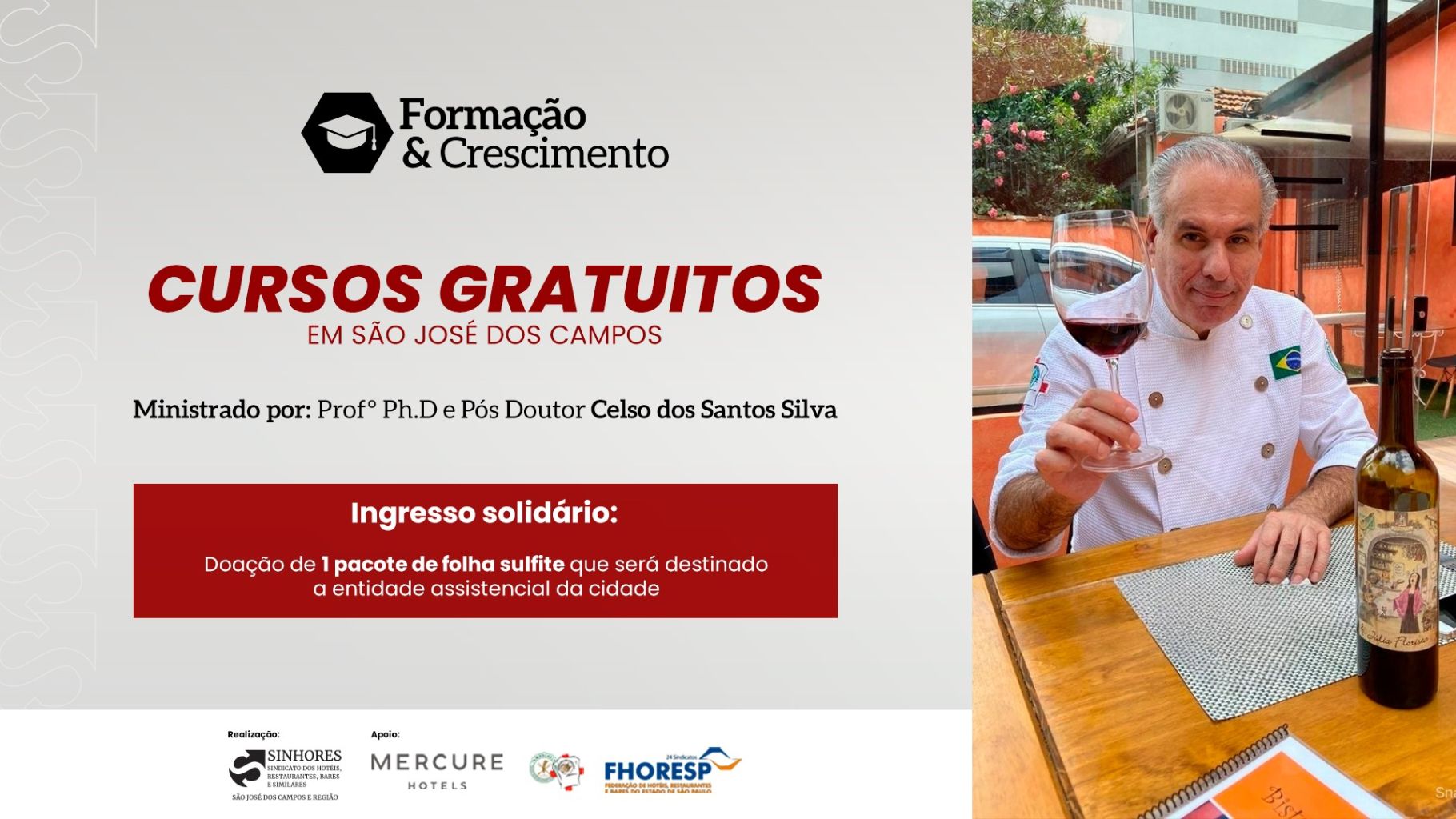 SINHORES OFERECE 150 VAGAS PARA CURSO GRATUITO DE TURISMO, HOSPITALIDADE E GASTRONOMIA EM SÃO JOSÉ DOS CAMPOS