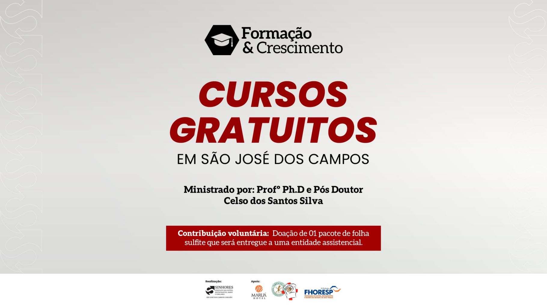 SINHORES ABRE INSCRIÇÕES PARA CURSOS GRATUITOS DE HOSPITALIDADE E GASTRONOMIA EM SÃO JOSÉ DOS CAMPOS