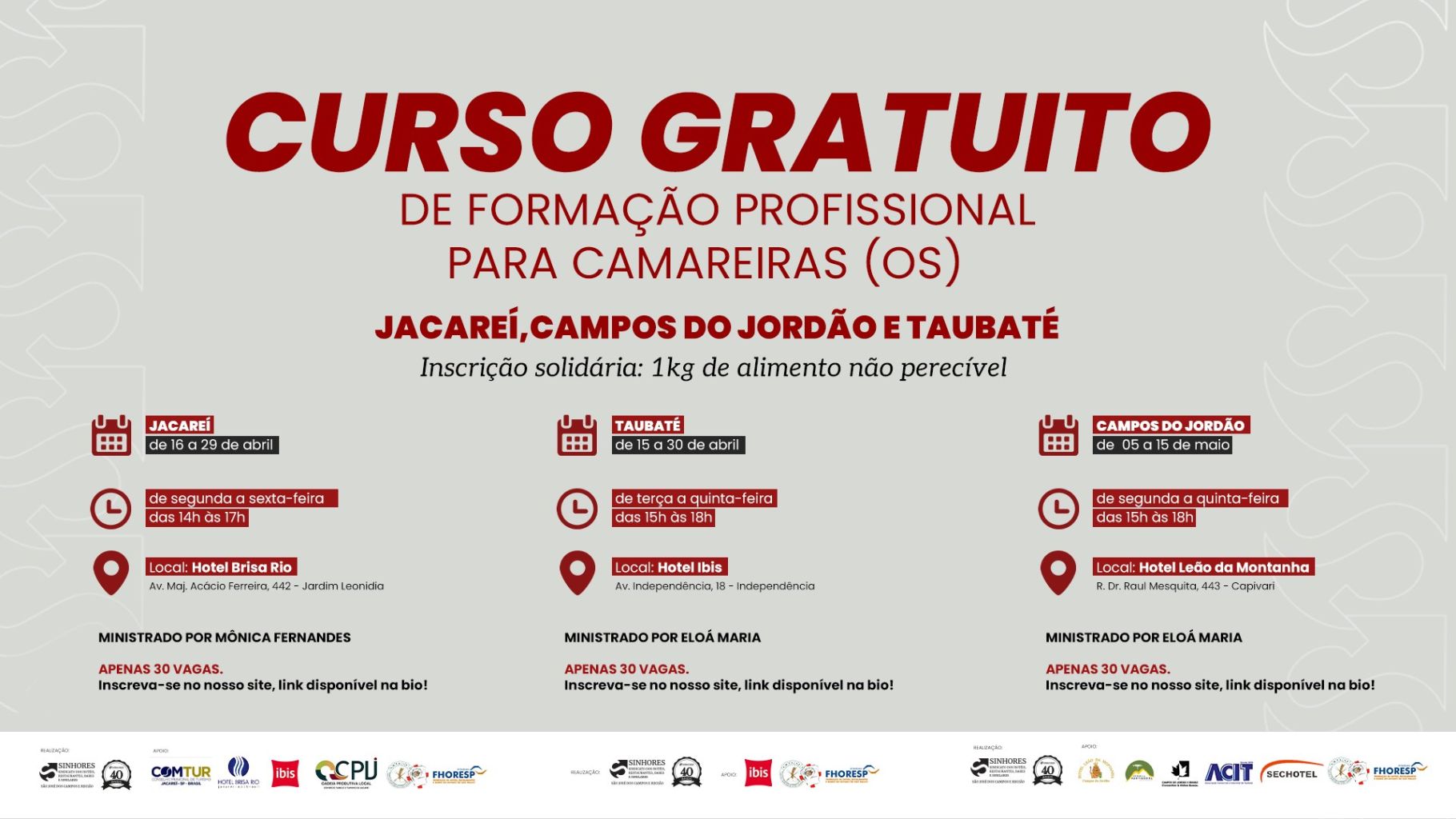 VAGAS ABERTAS PARA FORMAÇÃO GRATUITA NA ÁREA DE HOTELARIA NO VALE DO PARAÍBA