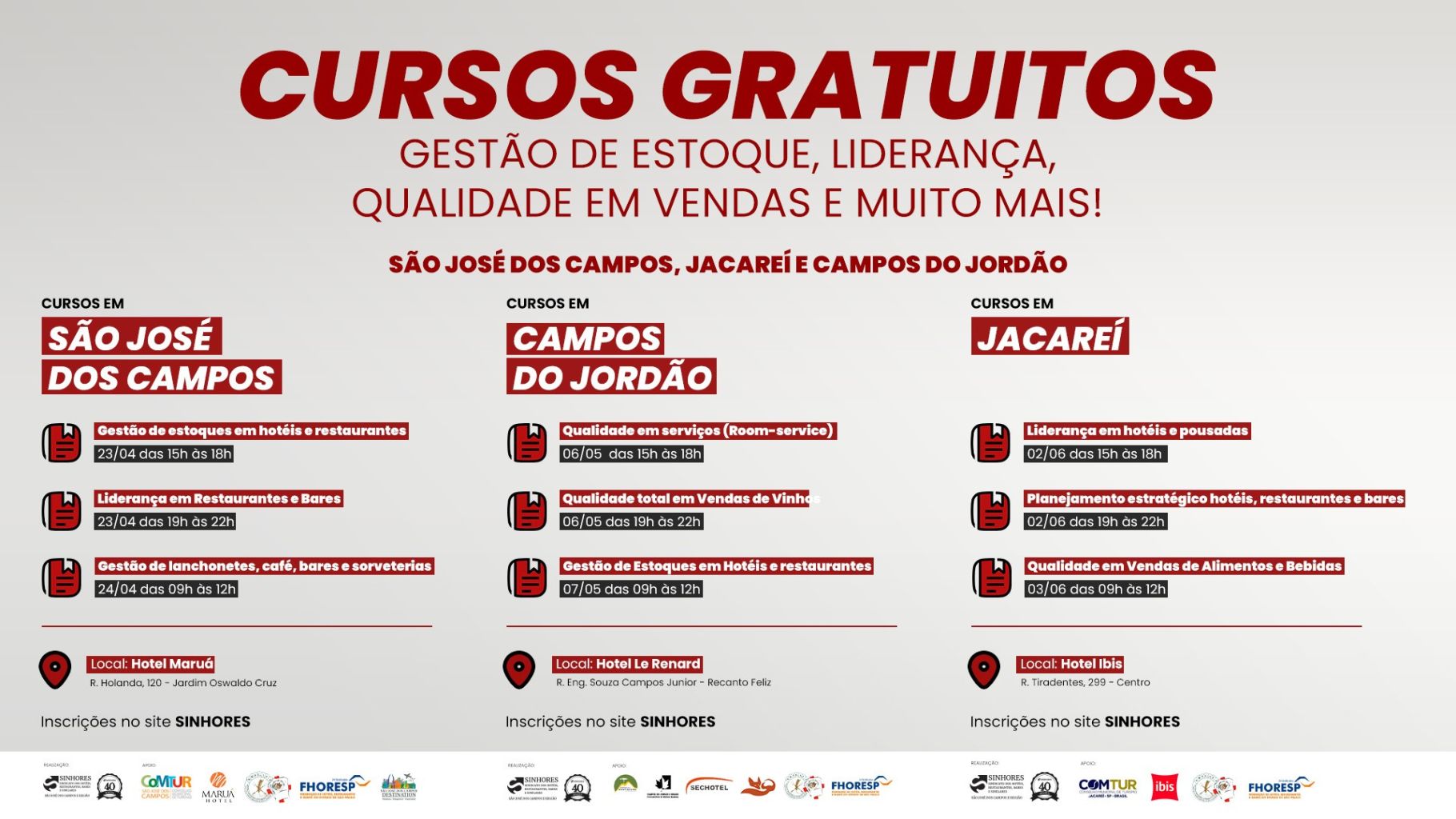 SINHORES oferece cursos gratuitos em três cidades da região